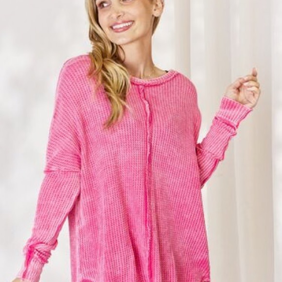 ❤️‍🔥❤️‍🔥Zenana Oversized Washed Waffle Long Sleeve Top Final - Picture 5 of 14